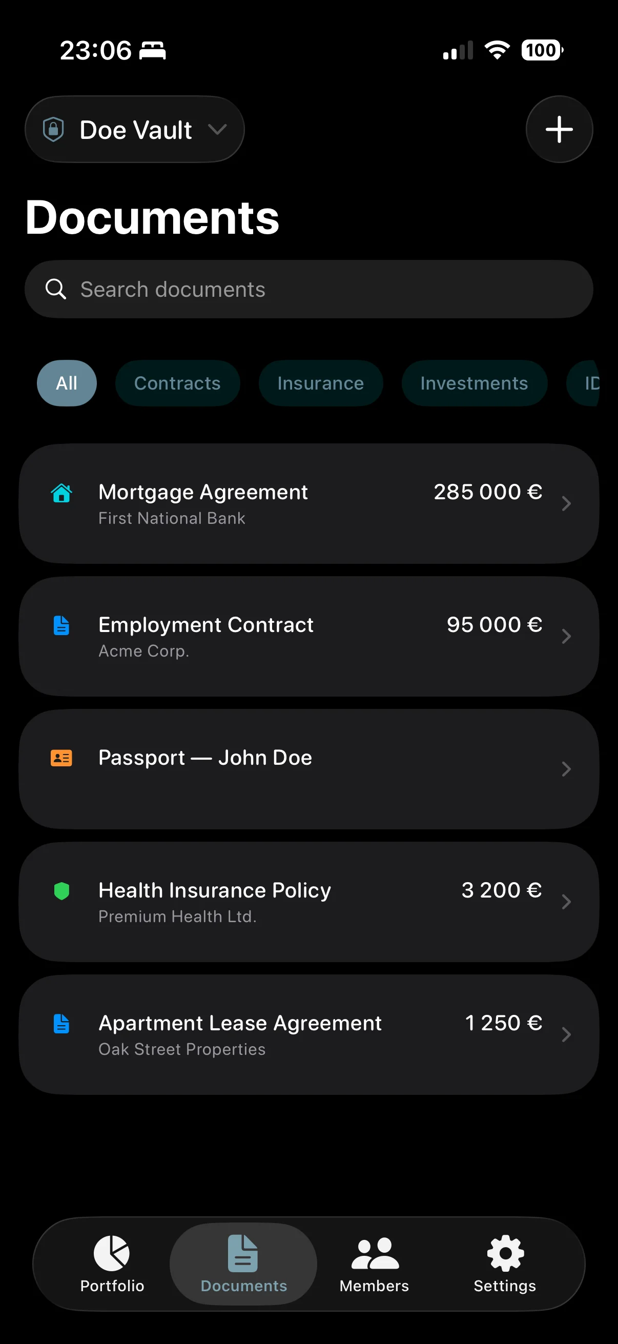 Safelop app screenshot showing document management